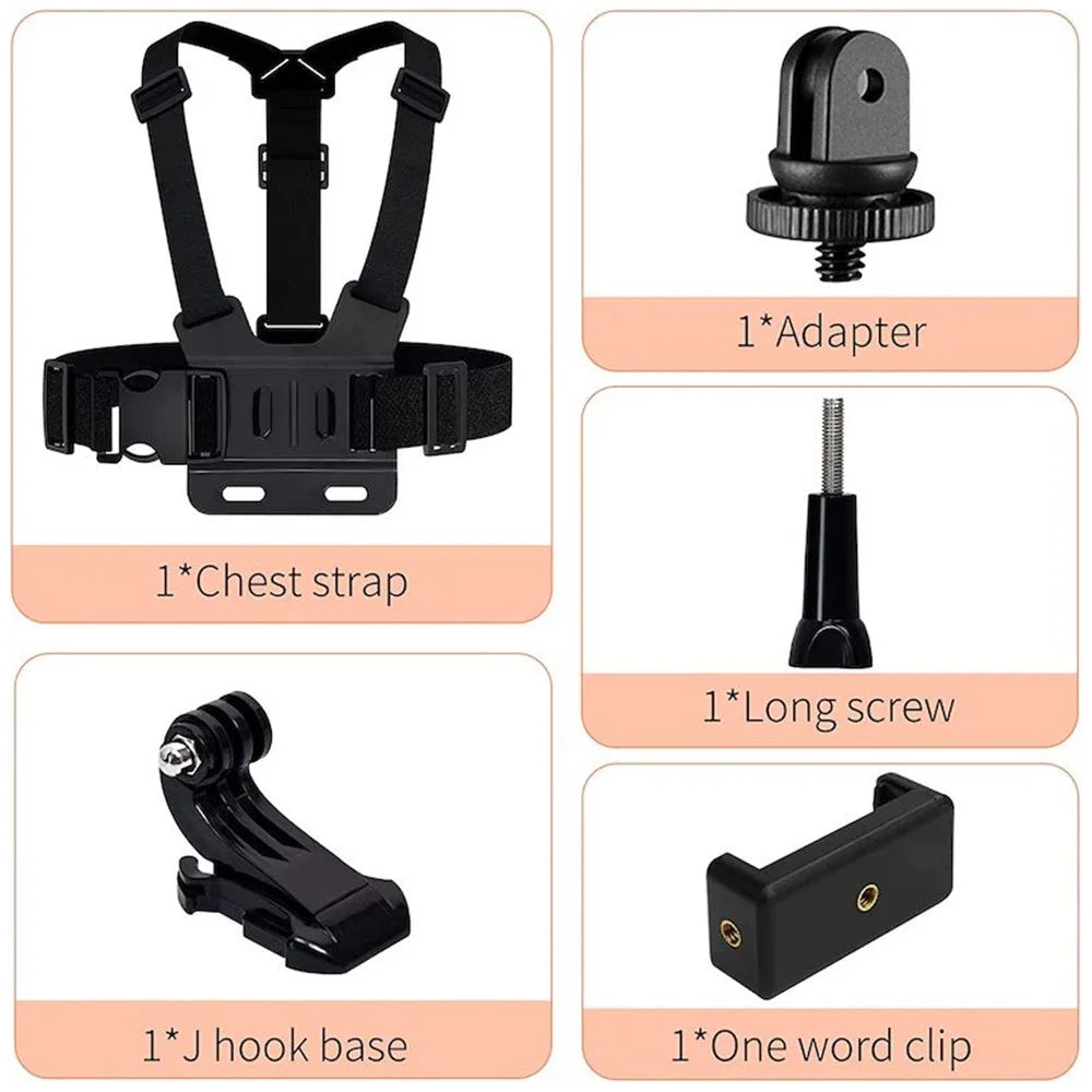 For GoPro Hero 13 / 12 / 11 / 10 / 9 / 8 / 7 / 6 / 5 / 4 / 3+ Chest Strap Belt 5-in-1 Body Harness Mount Set with 1 / 4" Adapter, Clip, Long Screw - 3
