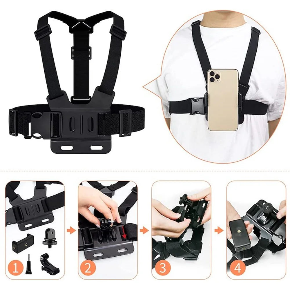For GoPro Hero 13 / 12 / 11 / 10 / 9 / 8 / 7 / 6 / 5 / 4 / 3+ Chest Strap Belt 5-in-1 Body Harness Mount Set with 1 / 4" Adapter, Clip, Long Screw - 4