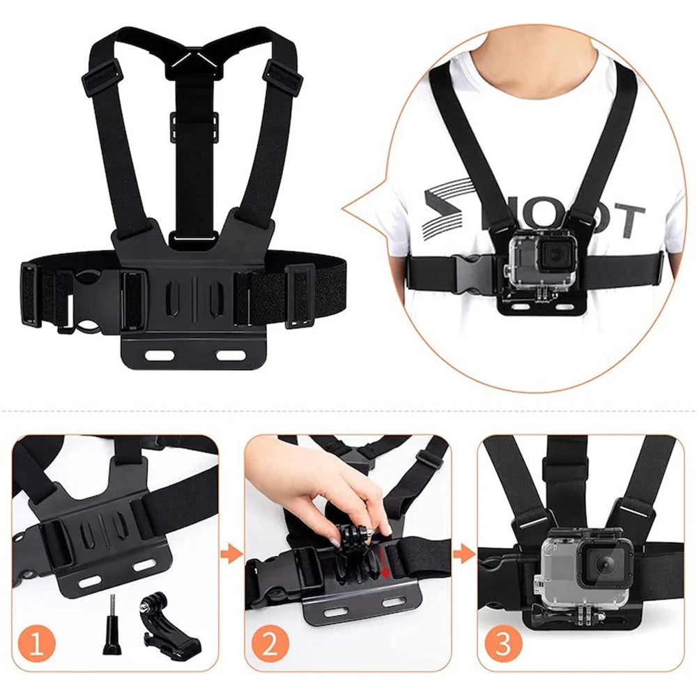 Chest Strap for GoPro Hero Action Camera 5-in-1 Chest Mount Harness Kit with Small Hole 1 / 4" Converter, J-hook Base, Phone Clip - 5