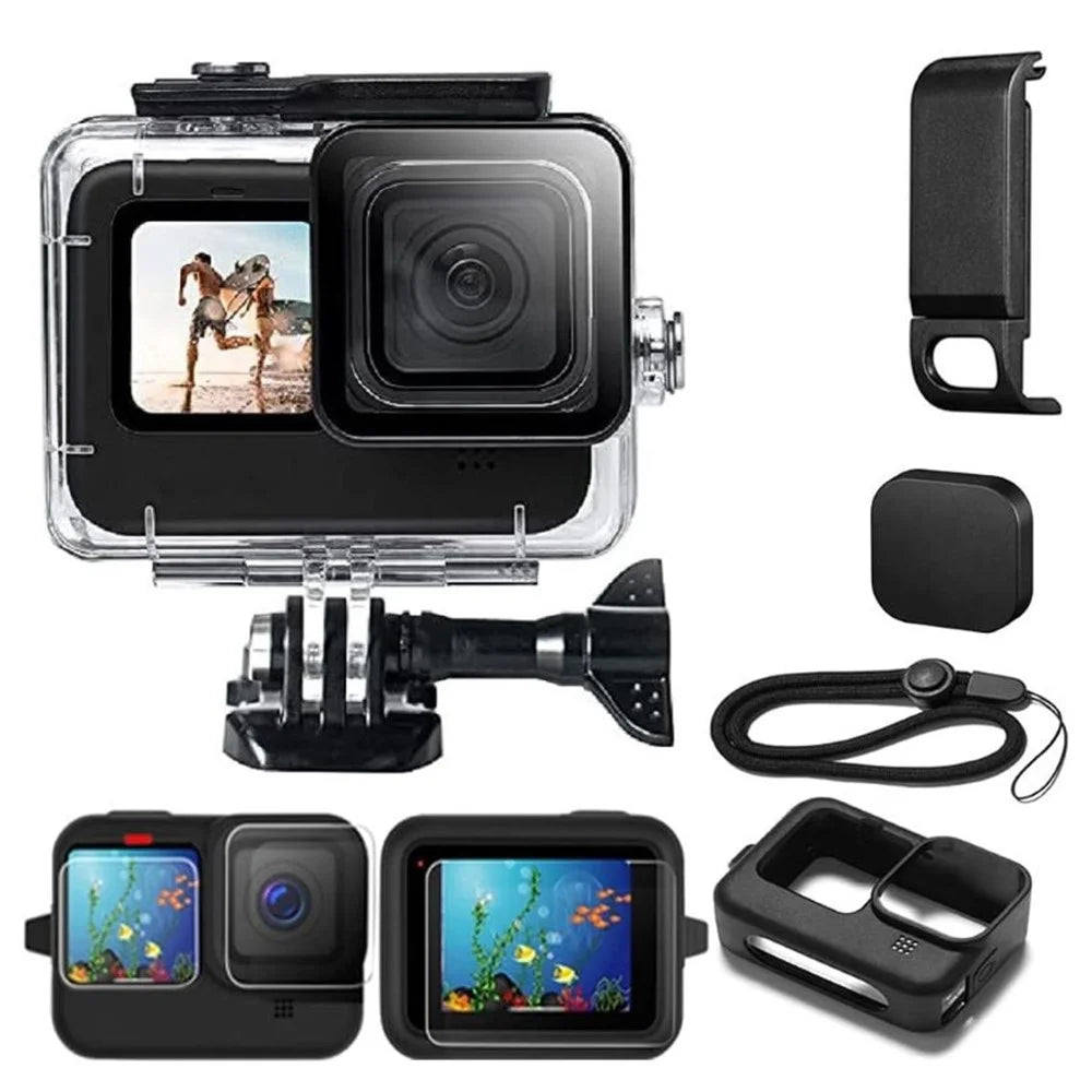 IP68 Waterproof Case Housing for GoPro Hero 12 / 11 / 10 / 9 Silicone Sleeve Cover with Tempered Glass Film+Side Door Kit - 1