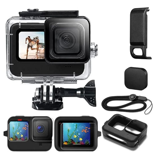IP68 Waterproof Case Housing for GoPro Hero 12 / 11 / 10 / 9 Silicone Sleeve Cover with Tempered Glass Film+Side Door Kit - 1