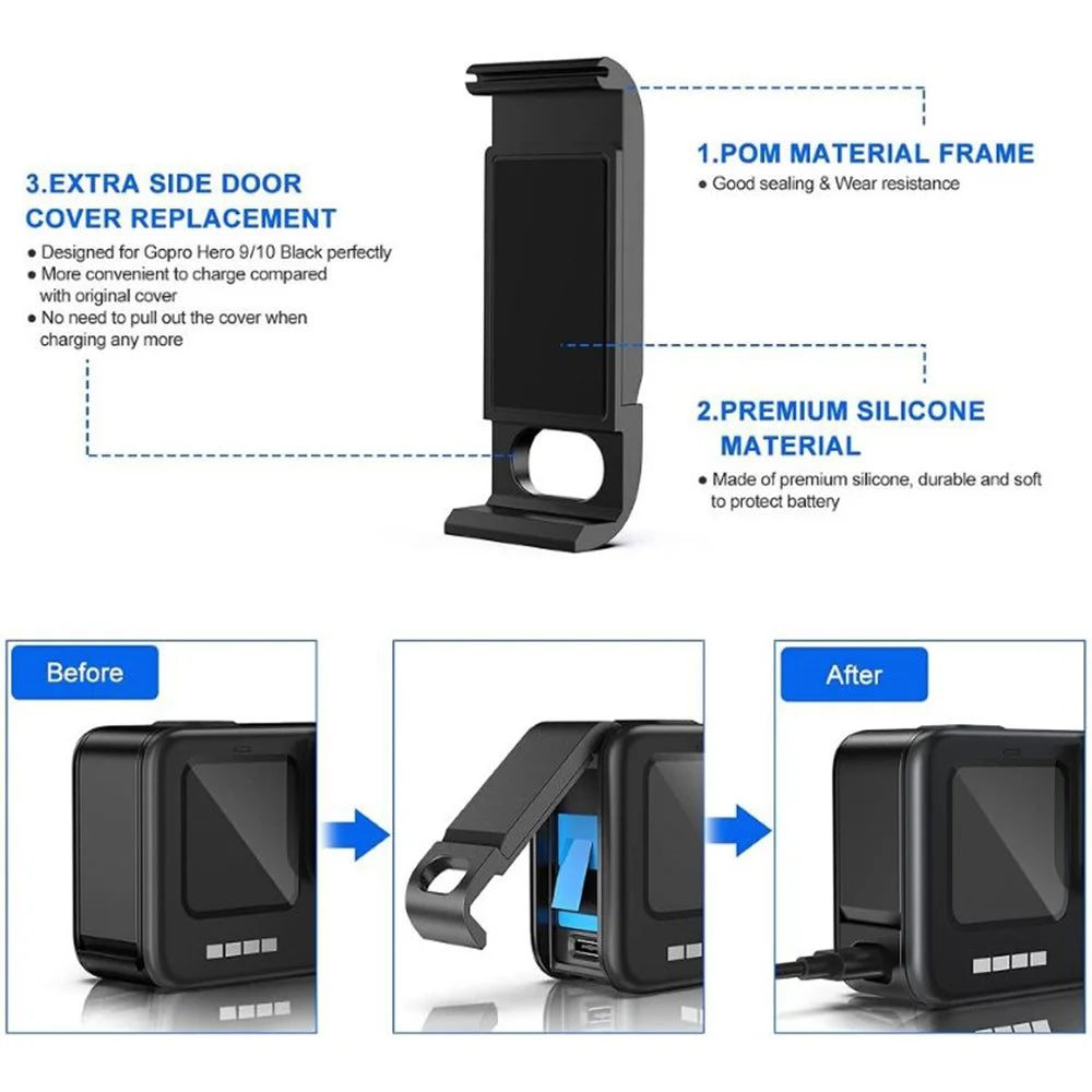 IP68 Waterproof Case Housing for GoPro Hero 12 / 11 / 10 / 9 Silicone Sleeve Cover with Tempered Glass Film+Side Door Kit - 5
