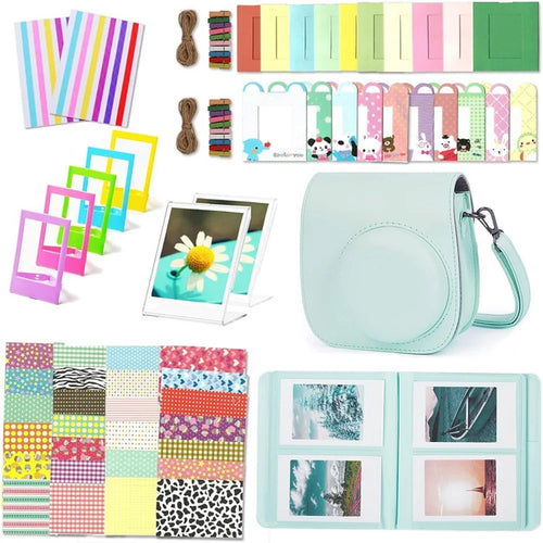 For Fujifilm Instax mini 12 / 11 / 9 / 8+ / 8 PU Leather Camera Bag with Photo Frame Album Stickers Kit Set - Mint Green - 1