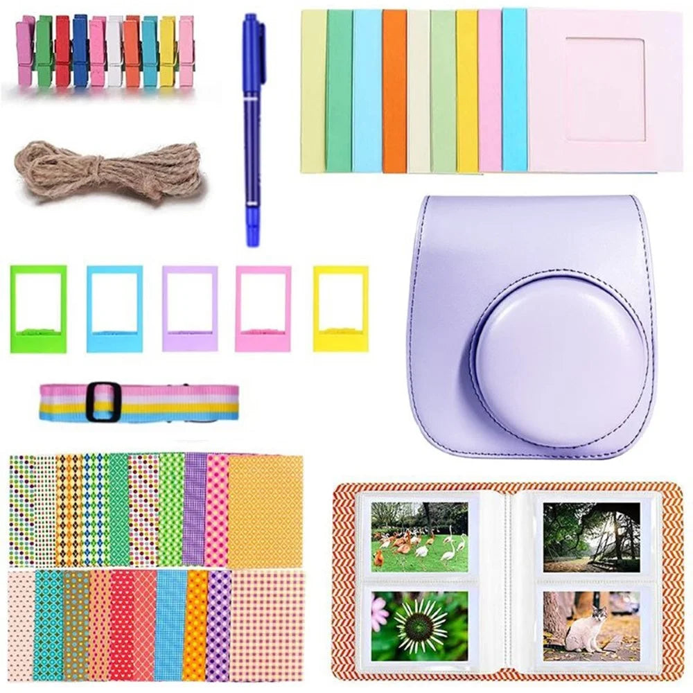 9-in-1 Accessories Kit for FujiFilm Instax Mini 12 / 11 / 9 Include Case / Album / Frames / Stickers / Pen Marker - Purple - 1