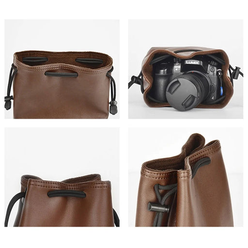 CWATCUN H60 Camera Lens Bag for Canon Nikon Sony PU Leather Drawstring Pouch, Size S - 2