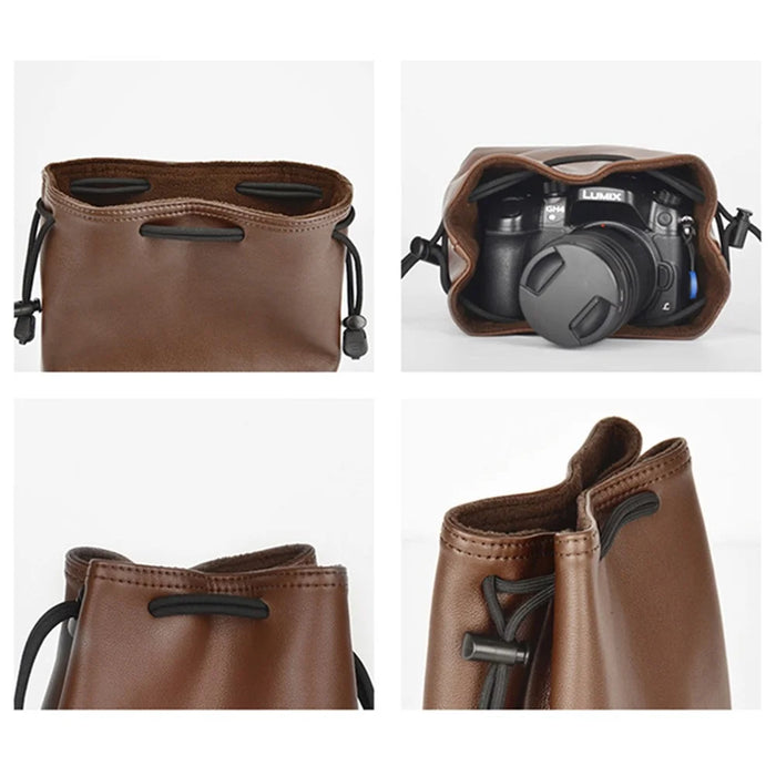CWATCUN H60 Camera Lens Bag for Canon Nikon Sony PU Leather Drawstring Pouch, Size S - 2