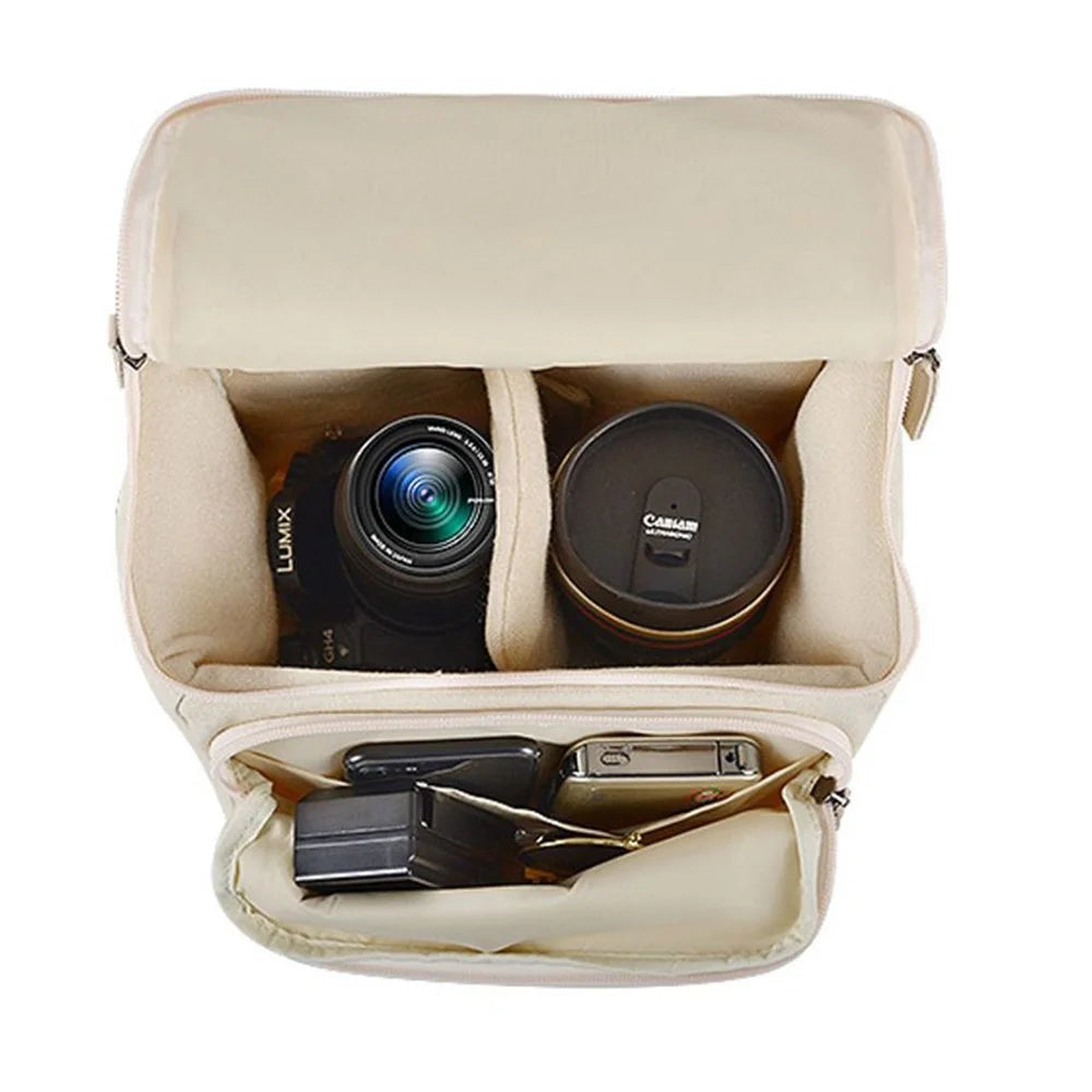 CWATCUN N1 Size M Portable Canvas Camera Storage Crossbody Bag for 1 Camera + 2 Lens - Beige - 3