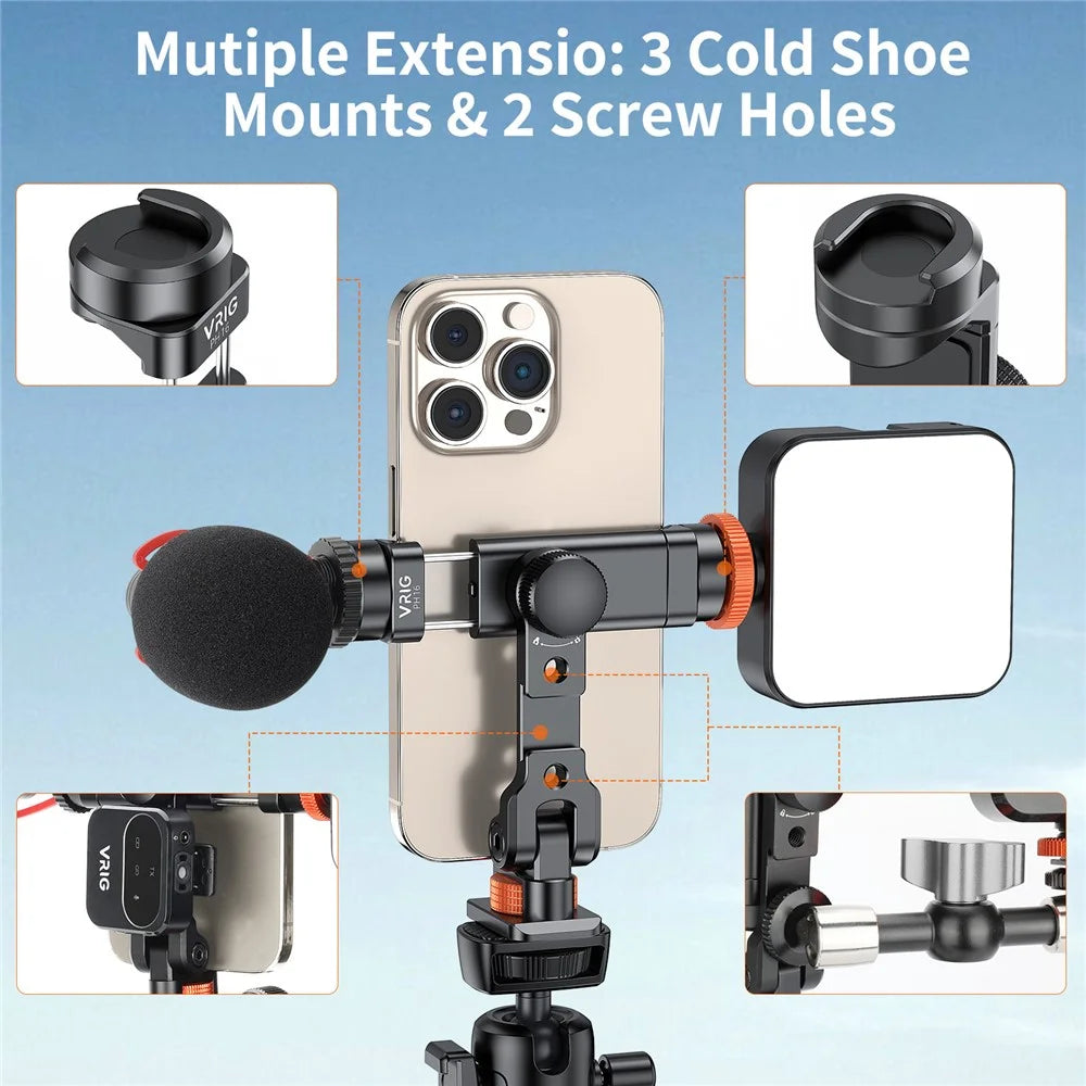 VRIG PH16 Metal Phone Clamp Tripod Mount Adapter Smartphone Clip Holder Bracket with Cold Shoe - 2