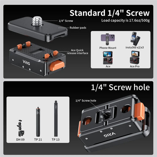 VRIG For Insta360 Ace Pro / DJI Osmo Action 4 / GoPro12 Magnetic Quick Release Plate Base Mount - 2