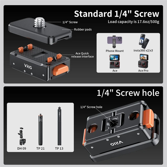 VRIG For Insta360 Ace Pro / DJI Osmo Action 4 / GoPro12 Magnetic Quick Release Plate Base Mount - 2