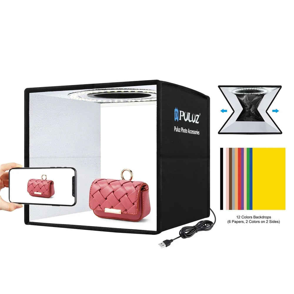PULUZ PU5025B 25cm High CRI Ring Light Foldable LED Photo Studio Box with 12 Color Backdrops - 1
