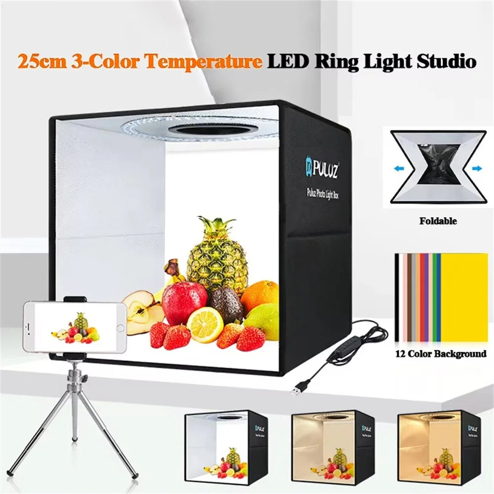 PULUZ PU5027B 25cm Foldable LED Photo Studio Box Built In 3 Color Temperatures Ring Light, with 12 Color Backdrops - 2