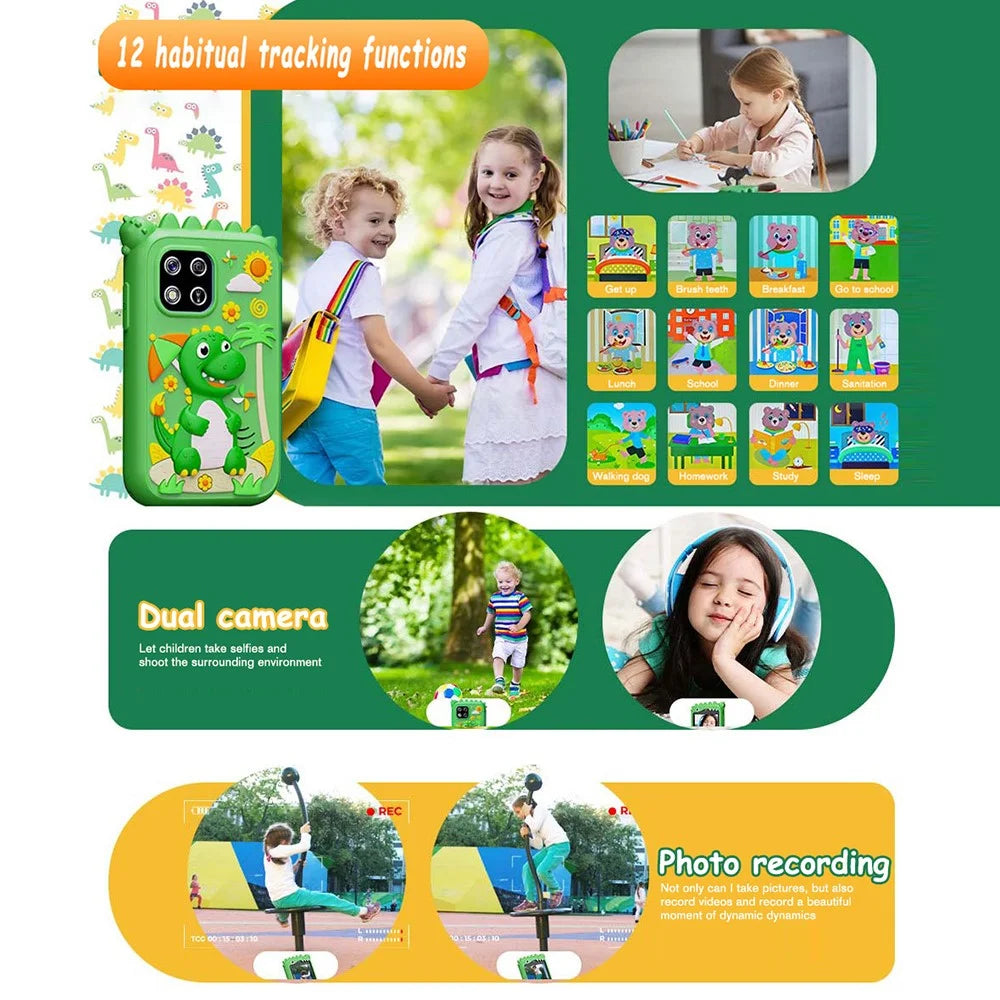 Z10 2.8 Inch Cartoon Animal Dual Lens Touch Screen Kids Camera Toy Phone Built-In Games - Green Dinosaur - 3