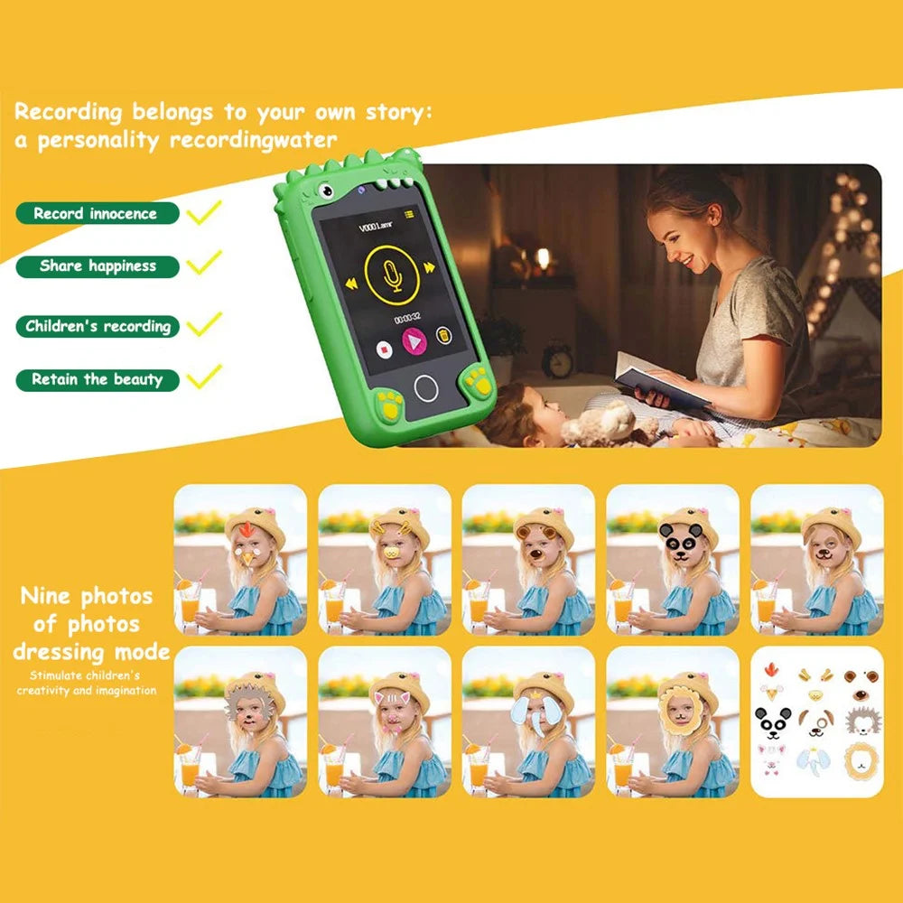 Z10 2.8 Inch Cartoon Animal Dual Lens Touch Screen Kids Camera Toy Phone Built-In Games - Green Dinosaur - 4