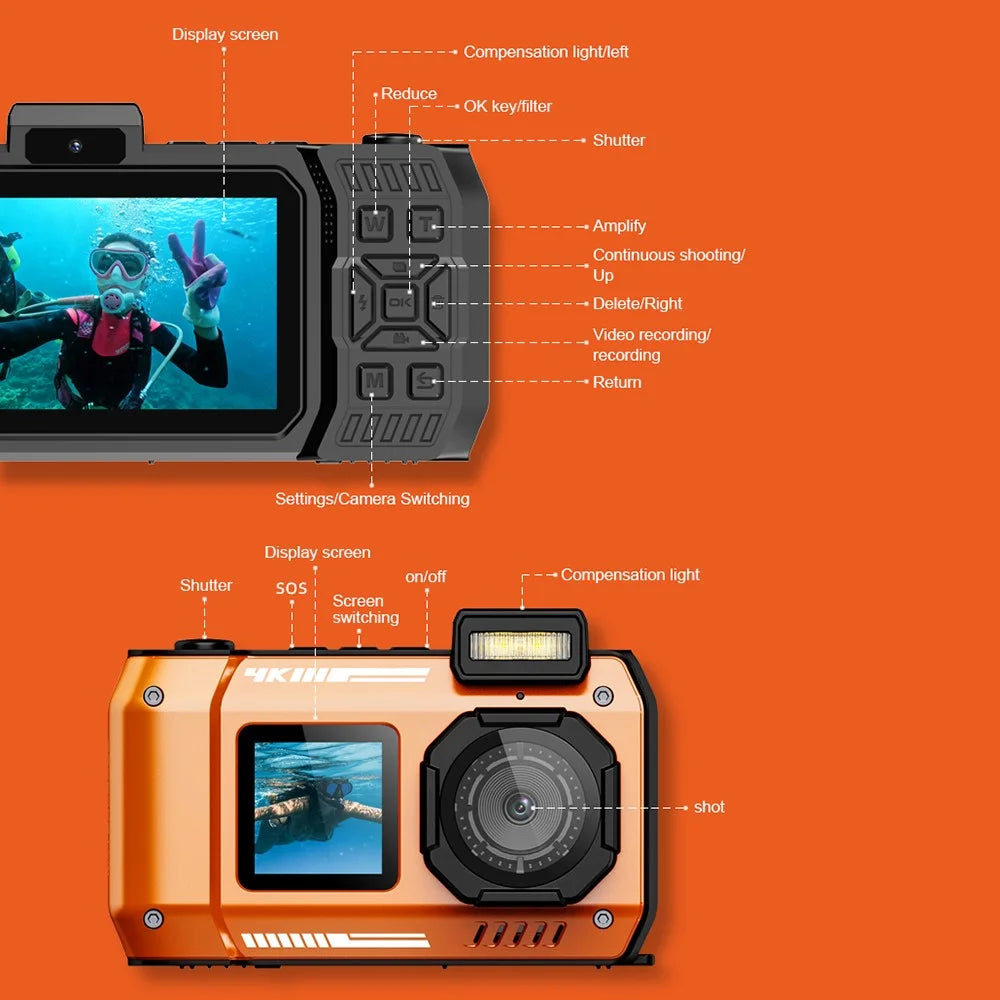 D50 Waterproof Action Camera Outdoor Sports Dual Screen Camera with 32G TF Card + Card Reader - Orange - 6