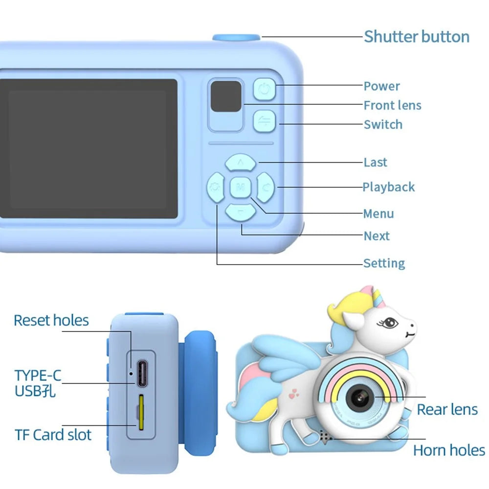D32 Cartoon Design 2-inch Screen Children HD Dual Lens Camera with Tripod - Blue - 7