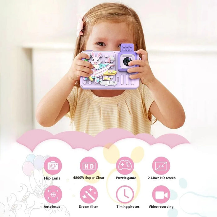M1 Rabbit Building Block Toy Flip Lens Digital Camera 2.4-inch Screen Kids Camera with Tripod - Purple - 2