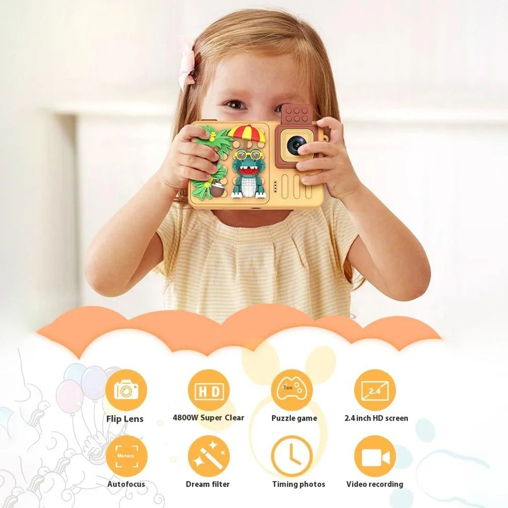 M1 Crocodile Building Block Toy Flip Lens Camera 2.4-inch Screen Kids Camera with Tripod + 32G TF Card + Card Reader - Yellow - 2