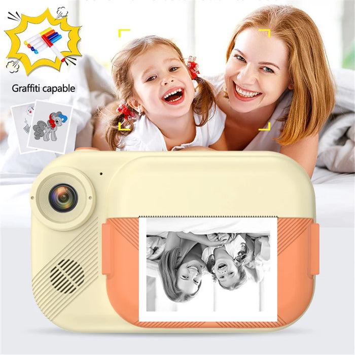 P1S HD Kids Camera 3.5-inch Inkless Print Camera 1080P Portable Cute Mini Camera Support MP3 - Beige - 2