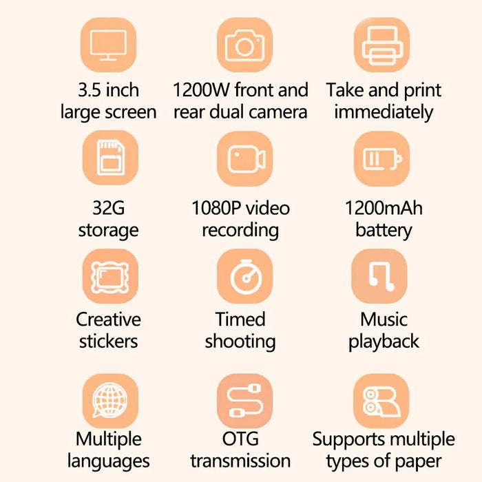 P1S HD Kids Camera 3.5-inch Inkless Print Camera 1080P Portable Cute Mini Camera Support MP3 - Beige - 3
