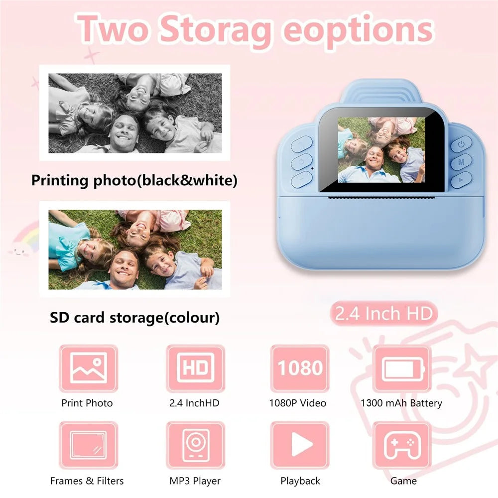 S9 2.4 Inch Kids Instant Print Camera Thermal Printer HD Video Recorder with 32G TF Card + Card Reader - Blue - 2
