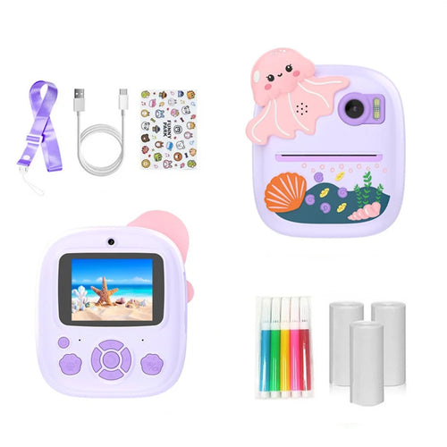 P8 2.4 Inch IPS Screen 8X Zoom Instant Print Kids Camera Dual Lens HD Video Recorder with Colored Pen Set - Purple - 1
