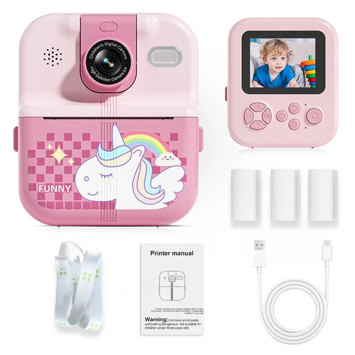 P02 2.4 Inch Instant Print Camera Cartoon Animal Pattern Flip Lens HD Camera for Kids with 32GB Card + Card Reader - Pink - 1