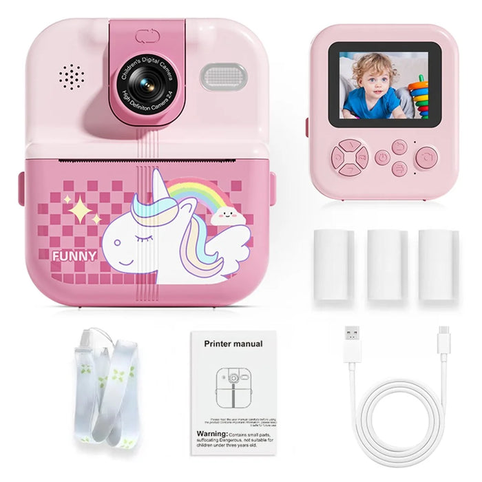 P02 2.4 Inch Instant Print Camera Cartoon Animal Pattern Flip Lens HD Camera for Kids with 32GB Card + Card Reader - Pink - 1