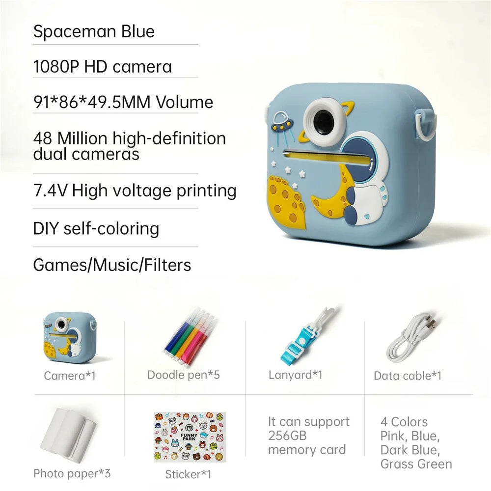 P9 Kids Digital Camera HD Dual Lens Instant Print Photo  /  Video with 32GB Memory Card and Card Reader - Astronaut Sky Blue - 7