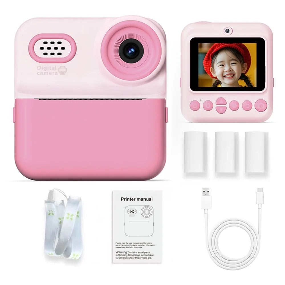 P03 Instant Print Camera for Kids 1080P Digital Video Camcorder with 32G Memory Card and Card Reader - Pink - 1