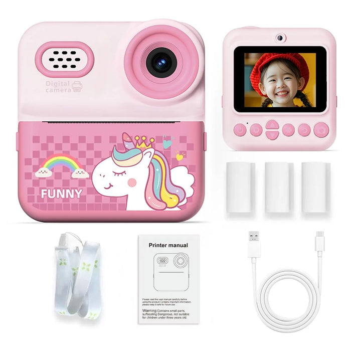 P03 Instant Print Camera for Kids Pattern Print 2.4 Inch HD 1080P Dual Camera with 32G Memory Card+Card Reader - Pink - 1