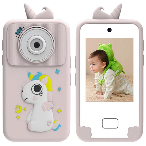 D16 2.8 Inch HD Screen Dual Lens Kids Camera Touch Screen Toddler Learning Phone Toy with Silicone Case - Pink / Unicorn - 1