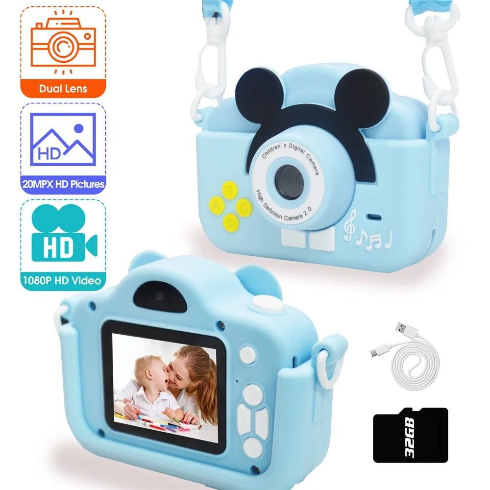 A5 2.0-inch IPS Screen Mouse Shape Kids Camera Cute Cartoon Digital HD Dual Lens Camera - Blue - 2
