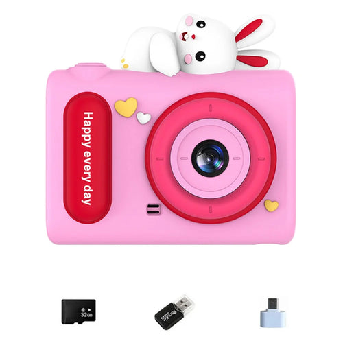 H05 Cartoon Animal Design 2.0 Inch HD Dual Lens 8X Zoom Digital Camera for Kids Video Recorder with 32GB Card + Card Reader - Pink Rabbit - 1