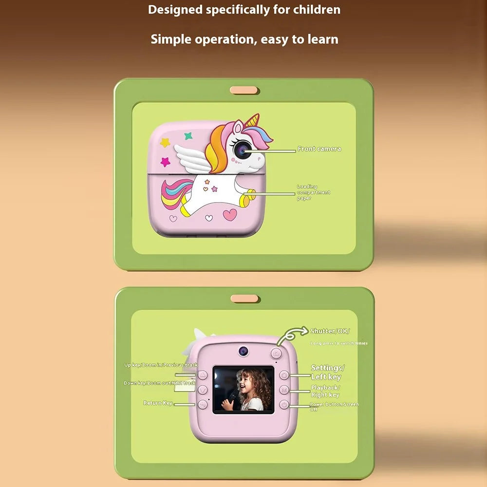 A28 2.4 Inch IPS Screen Instant Print Digital Camera for Kids Cartoon Animal Portable Video Recorder - Unicorn - 6
