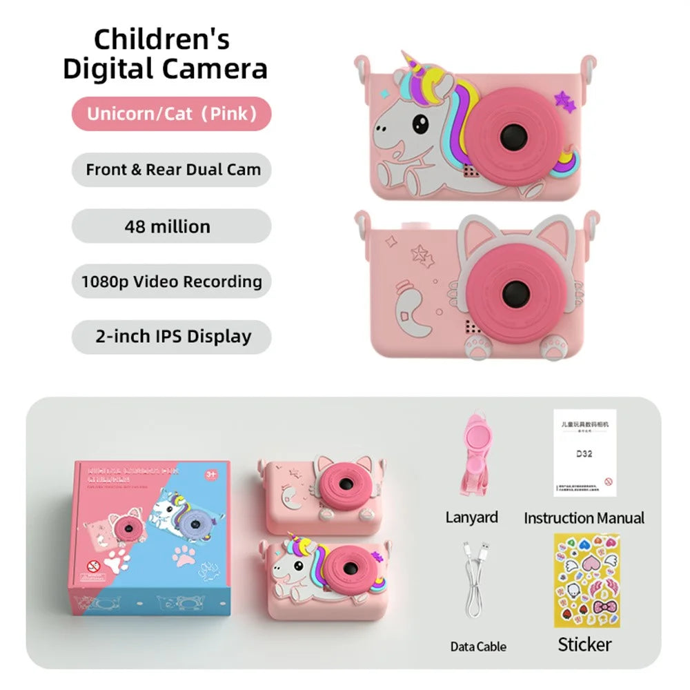 D32 2.0 Inch IPS Screen Digital Camera Dual Lens Cartoon Animal Video Recorder for Kids - Pink Unicorn - 7
