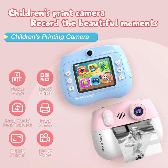 ZK18 Kids Camera Instant Print, Dual-Lens 2.4 inch 2MP 1080P Selfie Instant Cameras Support Music Play and Games - Pink - 2