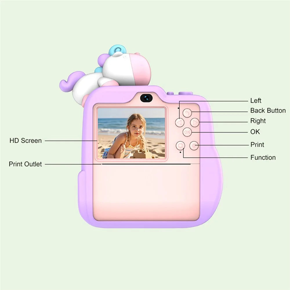 D16S 2.4 Inch Kids Cartoon Camera Instant Print Digital Camera 1080P HD Dual Lens Recording - Pink Unicorn - 5