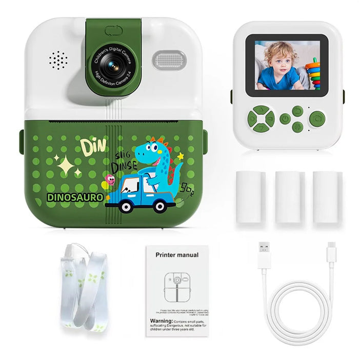 P02 Cartoon Animal Pattern 2.4 Inch IPS Screen Photo Printer APP Control Kids Camera with Rotatable Lens, Standard Version - Green - 1
