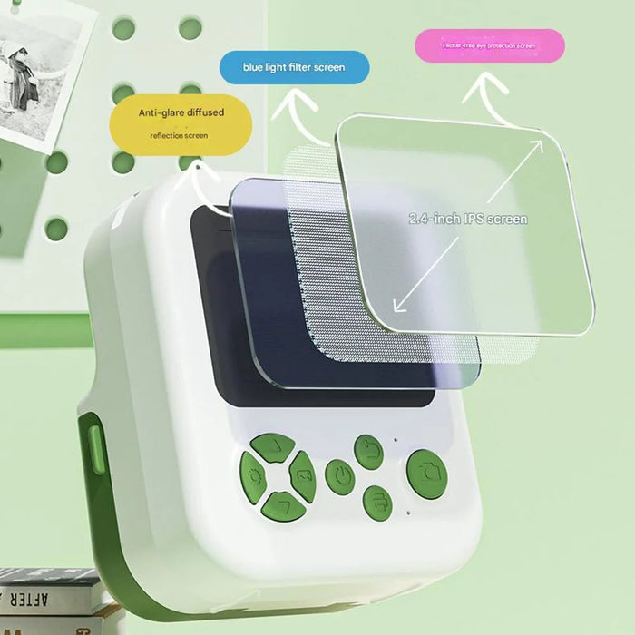 P02 Cartoon Animal Pattern 2.4 Inch IPS Screen Photo Printer APP Control Kids Camera with Rotatable Lens, Standard Version - Green - 7