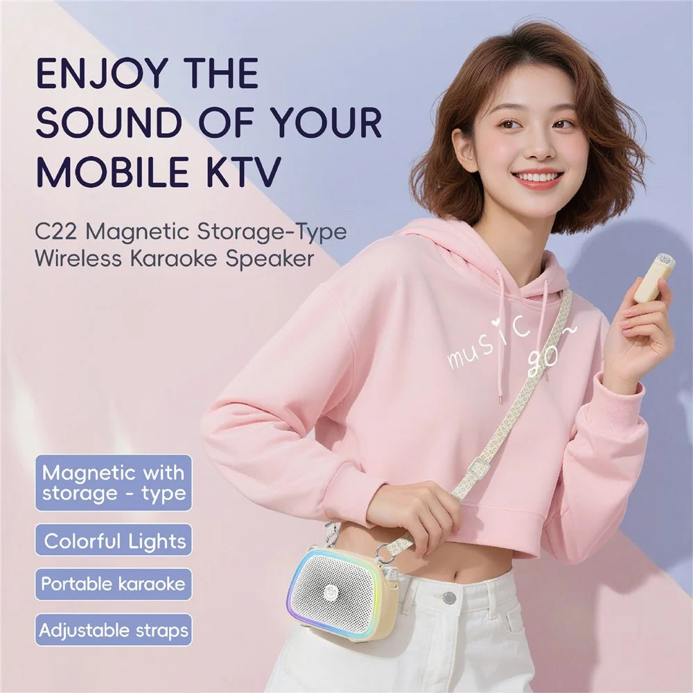 C22 Wireless Karaoke Speaker with 2 Magnetic Microphones Bluetooth-compatible 5.1 Portable KTV System with RGB Light - White - 2
