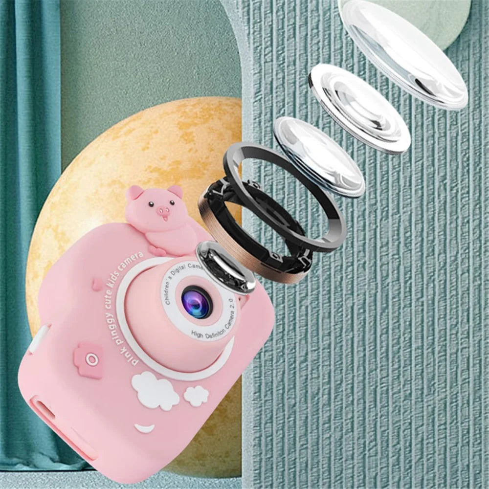 A15 Cartoon Pig 2.0 inch Screen Kids Camera Rechargeable HD Dual Lens Digital Camera Toy - Pink - 2