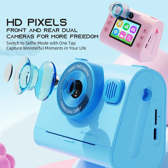 D103 2.4 Inch Kids Digital Camera 1080P IPS Screen Dual Lens Instant Thermal Print Camera Gift - Blue - 5