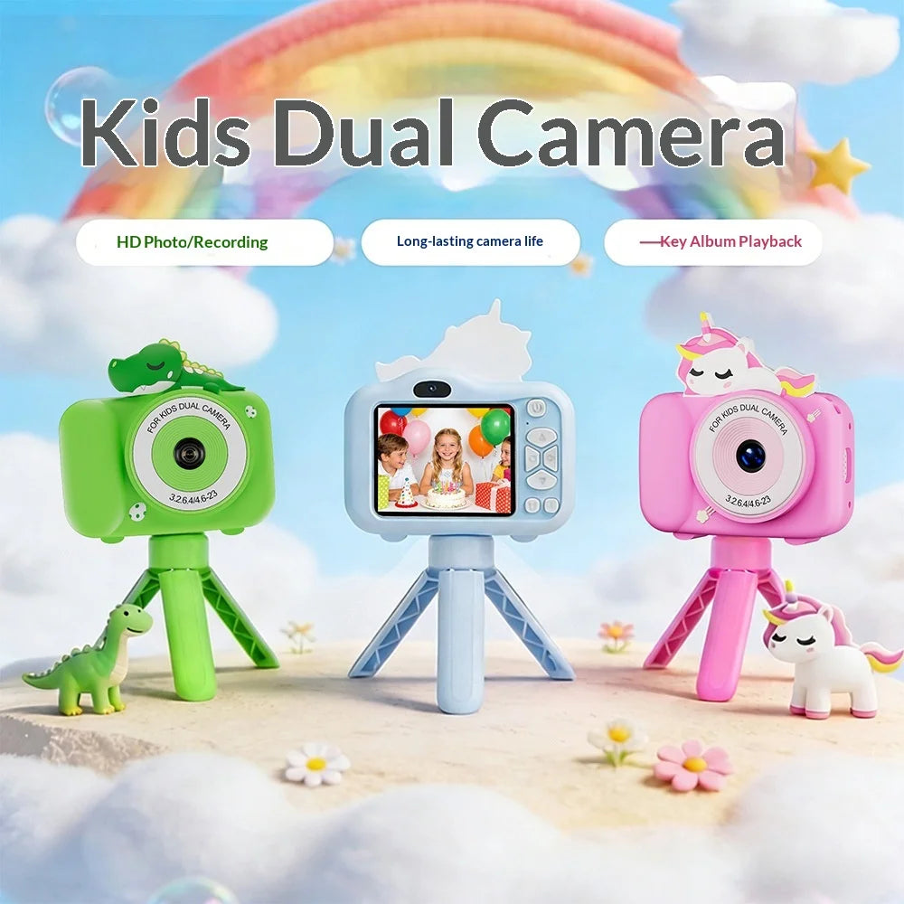 S2 Kids Camera with Tripod 2.4 Inch IPS Screen Dual Lens Camera Built-in Educational Games for Children Photography - Pink Unicorn - 4