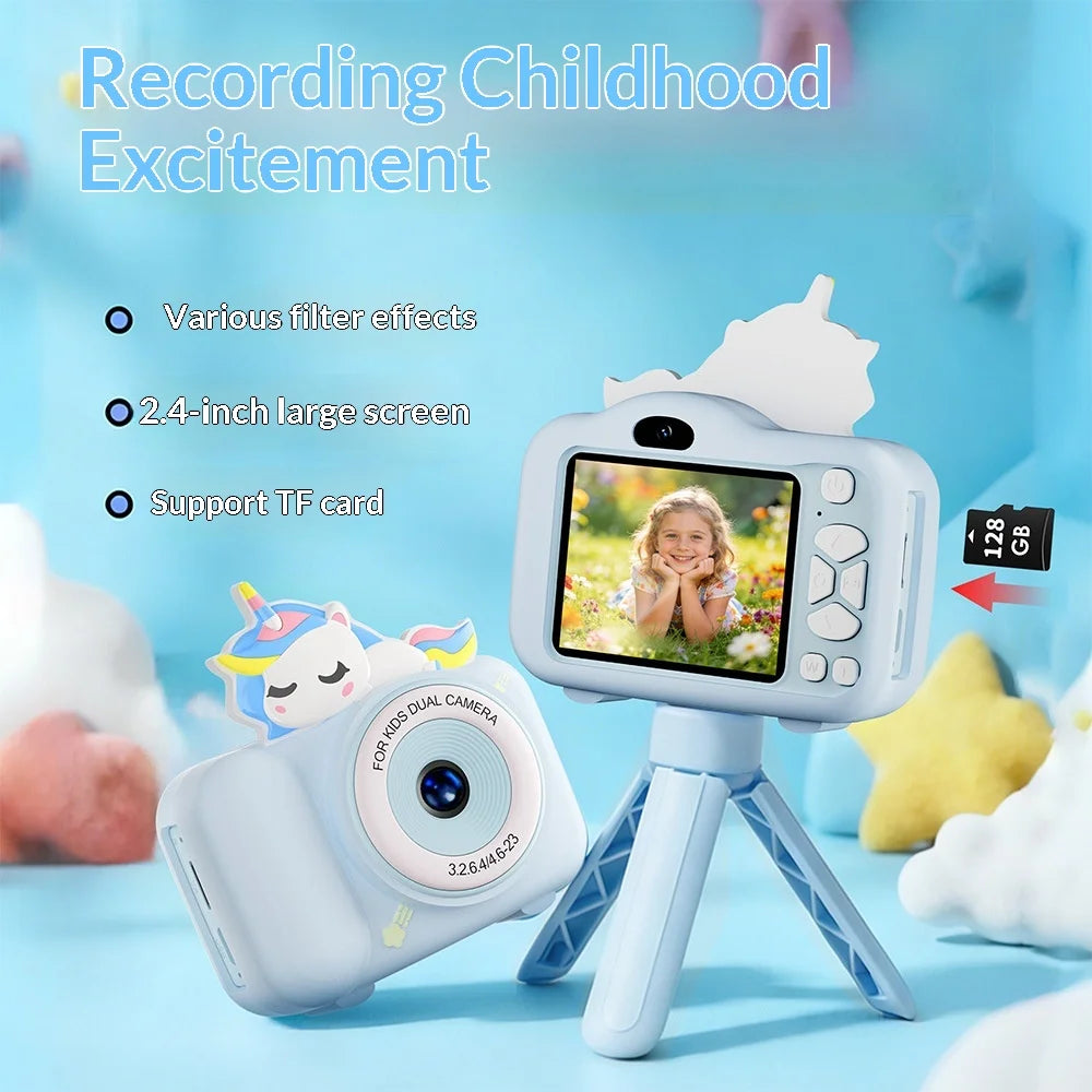 S2 Kids Camera with Tripod 2.4 Inch IPS Screen Dual Lens Camera Built-in Educational Games for Children Photography - Pink Unicorn - 5
