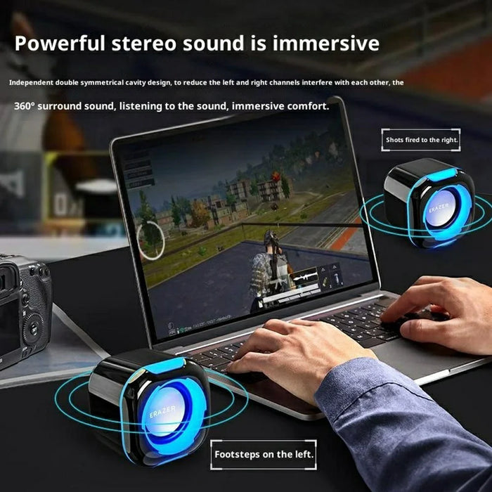 ERAZER A300Pro 1 Pair Desktop Computer Speakers 2.0 Wired LED USB Powered Gaming Speakers for PC Laptop (Invested By Lenovo) - Black - 3