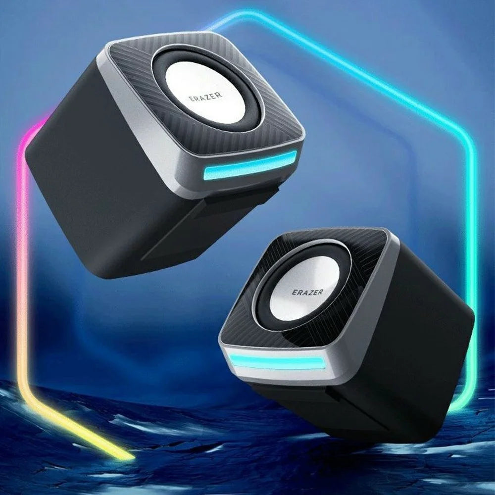 ERAZER A200 1 Pair Desktop Computer Speakers 2.0 Wired Stereo Sound USB Powered LED Light Portable Speakers for PC Laptop TV (Invested By Lenovo) - Black - 6