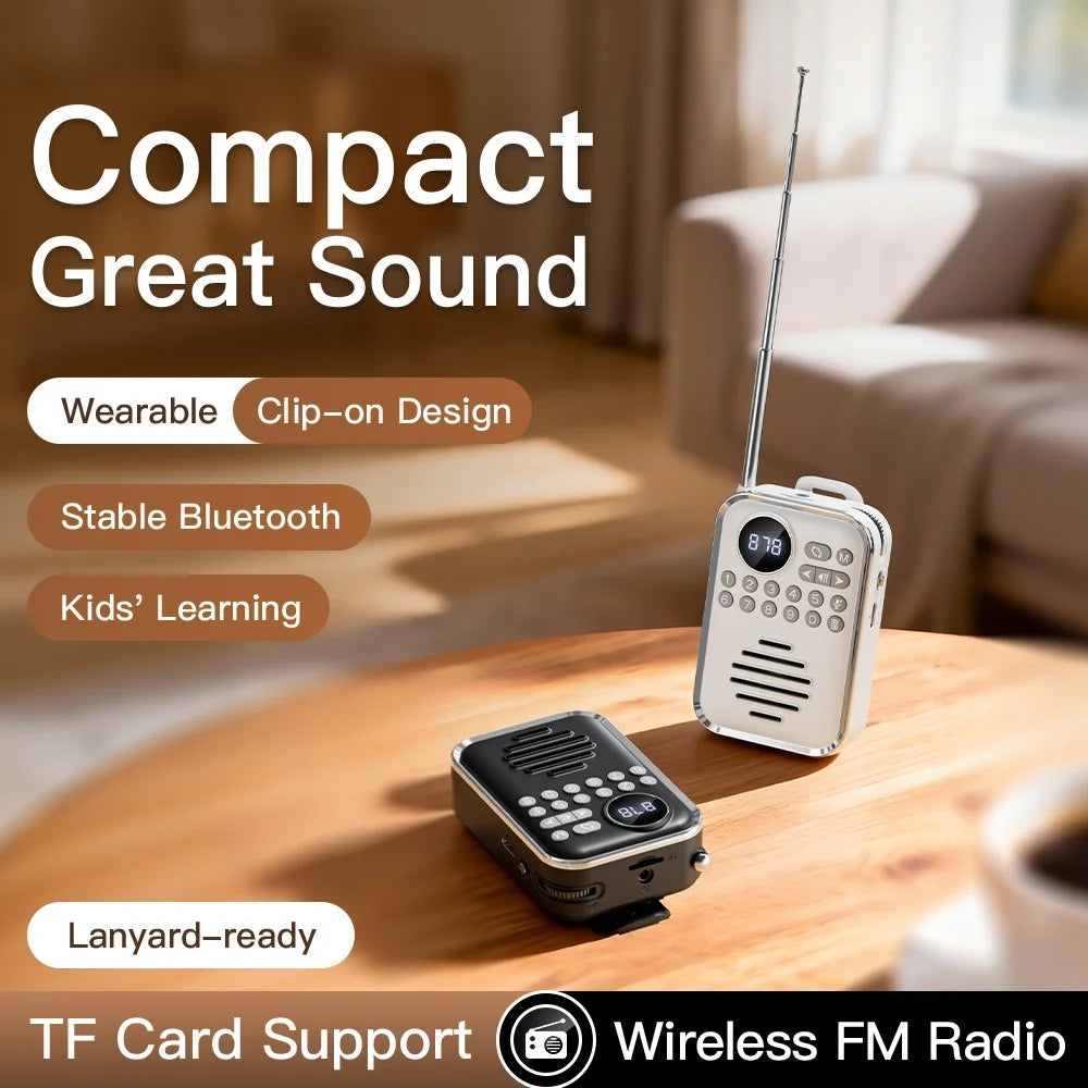 Portable Bluetooth-Compatible 5.3 Speaker with FM Radio Clip-on TF Card Wireless Mini Radio for Kids Seniors - White - 6