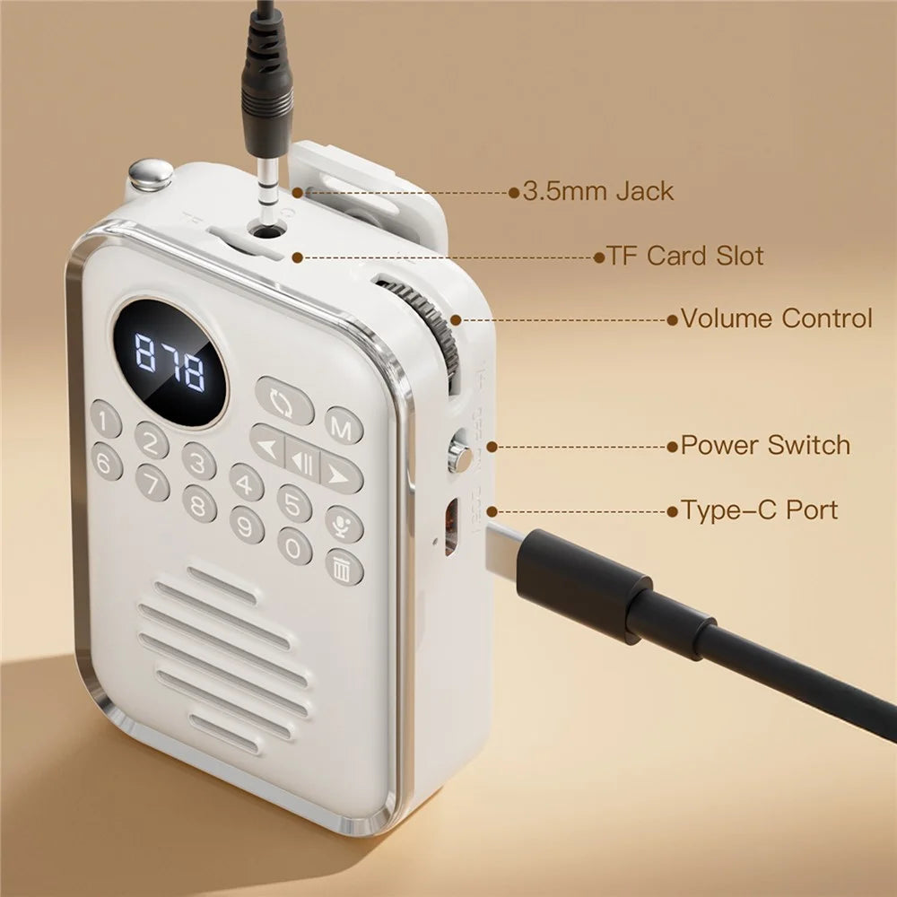 Portable Bluetooth-Compatible 5.3 Speaker with FM Radio Clip-on TF Card Wireless Mini Radio for Kids Seniors - White - 7