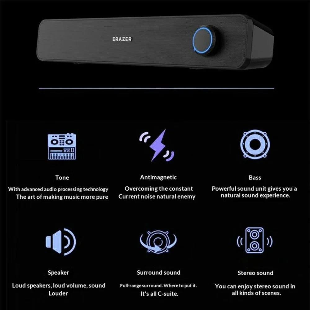 ERAZER A120 Desktop Wired Bluetooth-compatible Speaker 6W Dual Channel USB Plug Play Speaker for PC Gaming (Invested By Lenovo) - Black - 3